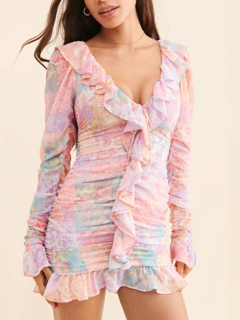 For Love And Lemons Veronica Mini Dress Pink Floral Ruched Long Sleeve Sz Medium